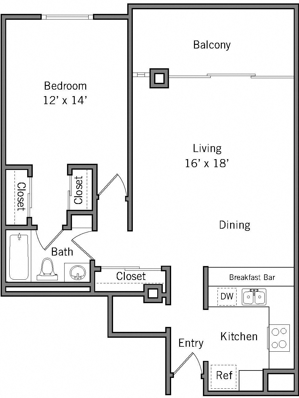 Floor plan for 1 bed, 1 bath, 854 sqft